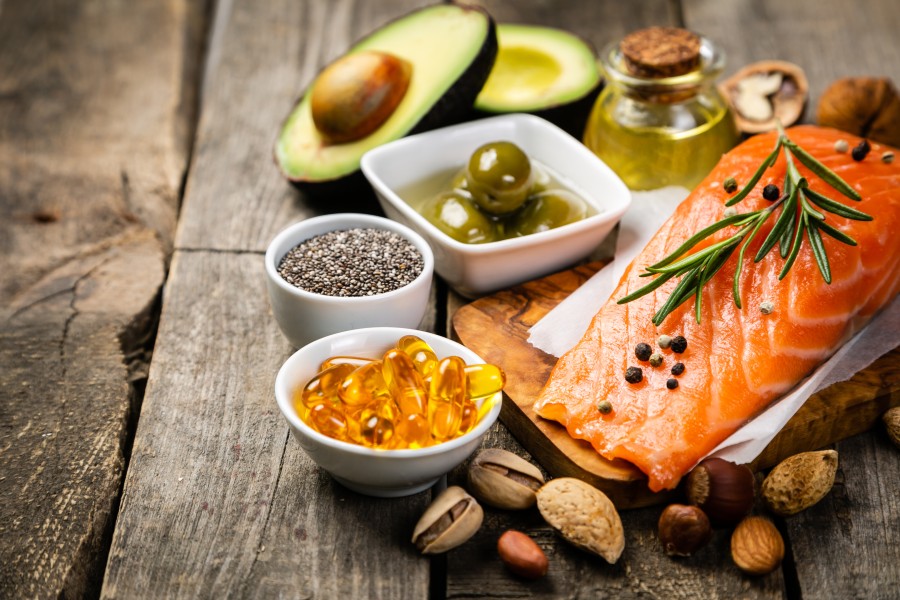Food sources like avocado, salmon and nuts offer healthy fats and oils.